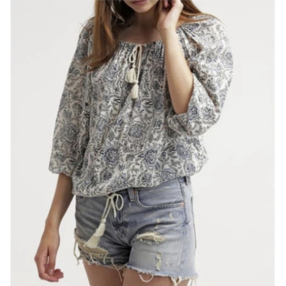 Ralph Lauren Denim & Supply Peasant Blouse Floral Tassel Tie Blue & White Boho S